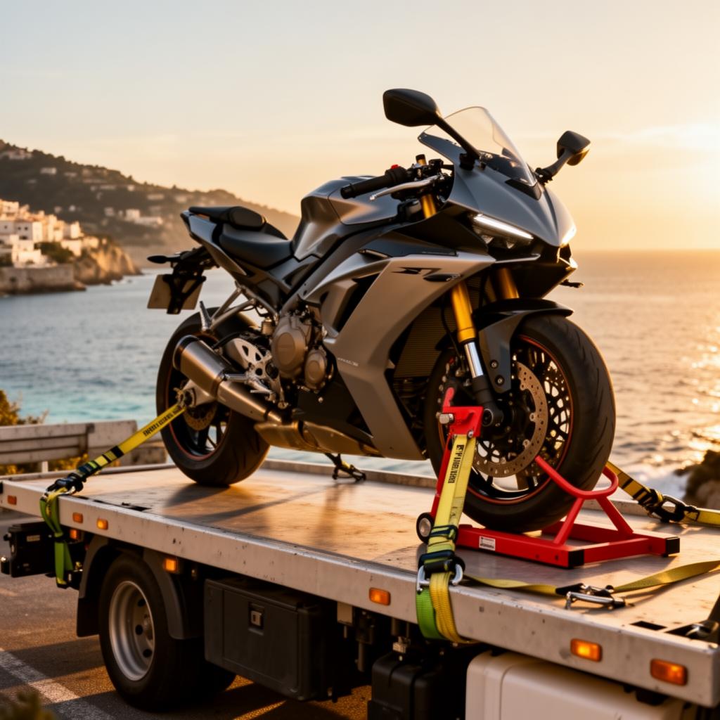 Grúa de Grúas Sánchez transportando una moto cerca del paseo marítimo de Fuengirola